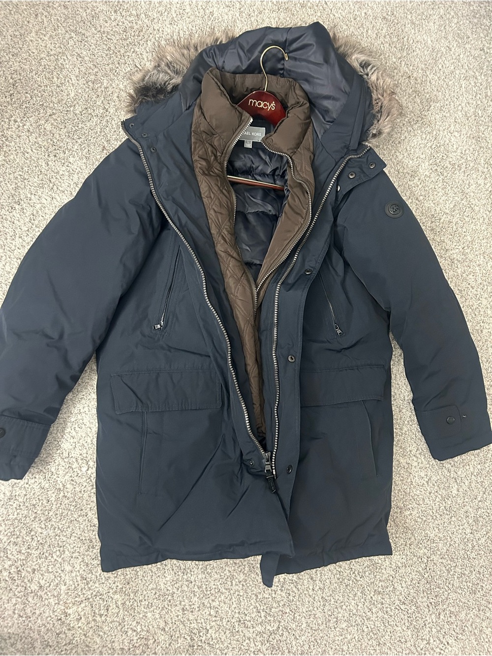 Michael Kors Navy Parka with Brown Quilted Liner and Faux-Fur Hood